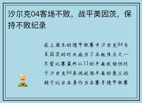 沙尔克04客场不败，战平美因茨，保持不败纪录